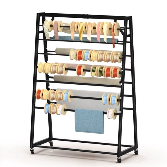 15 Tier Rolling Ribbon Organizer Holder, Double-Sided Metal Spool Rack with Wheels, Gift Wrapping Storage Cart for Craft, Flower, Cake Shop, Fits Ribbons, Wrapping Paper, Scarves, Towels
