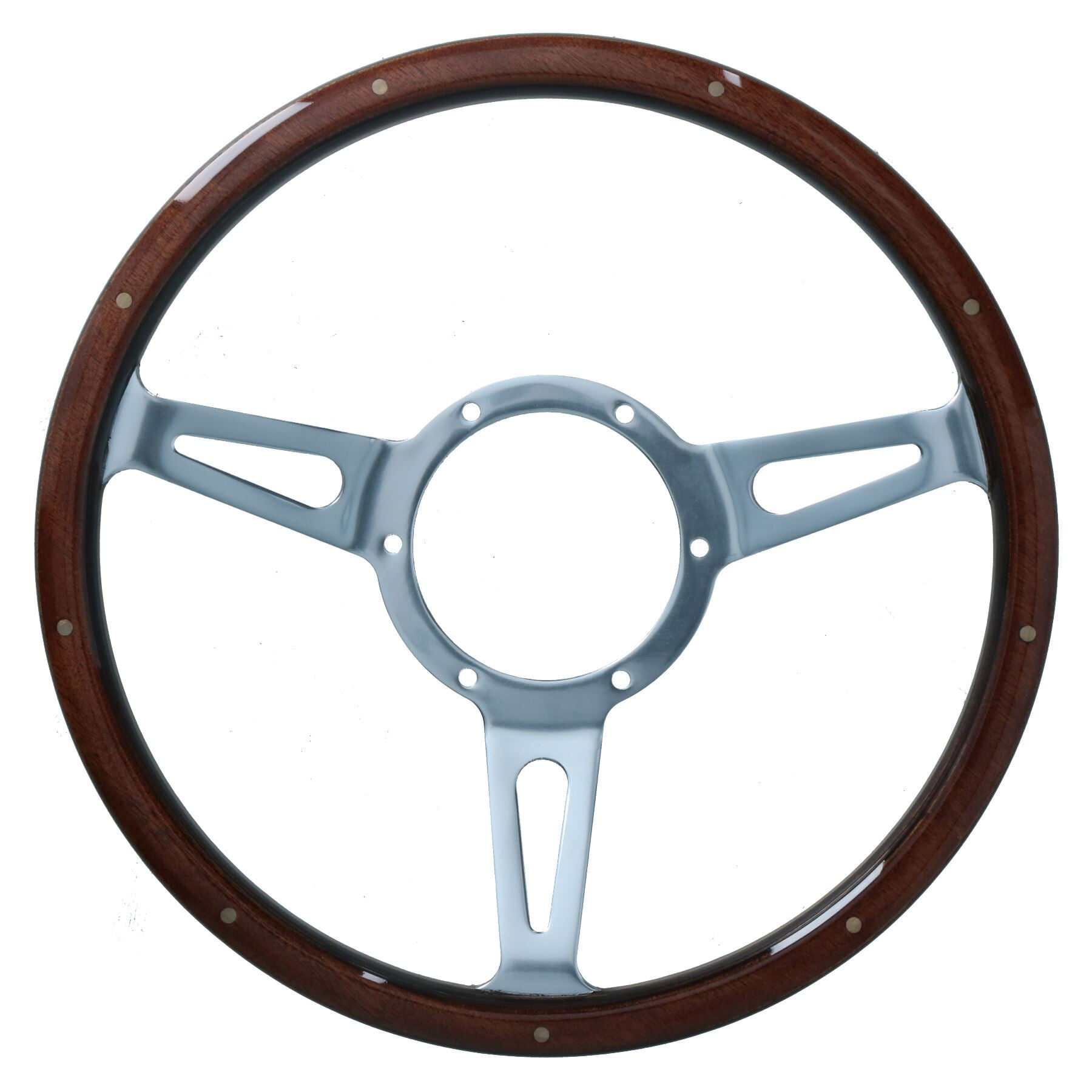 Aramox 15" Wood Steering Wheel - Walnut Grip, 3-Spoke Chrome, 6-Hole Universal Fit For Car Modification