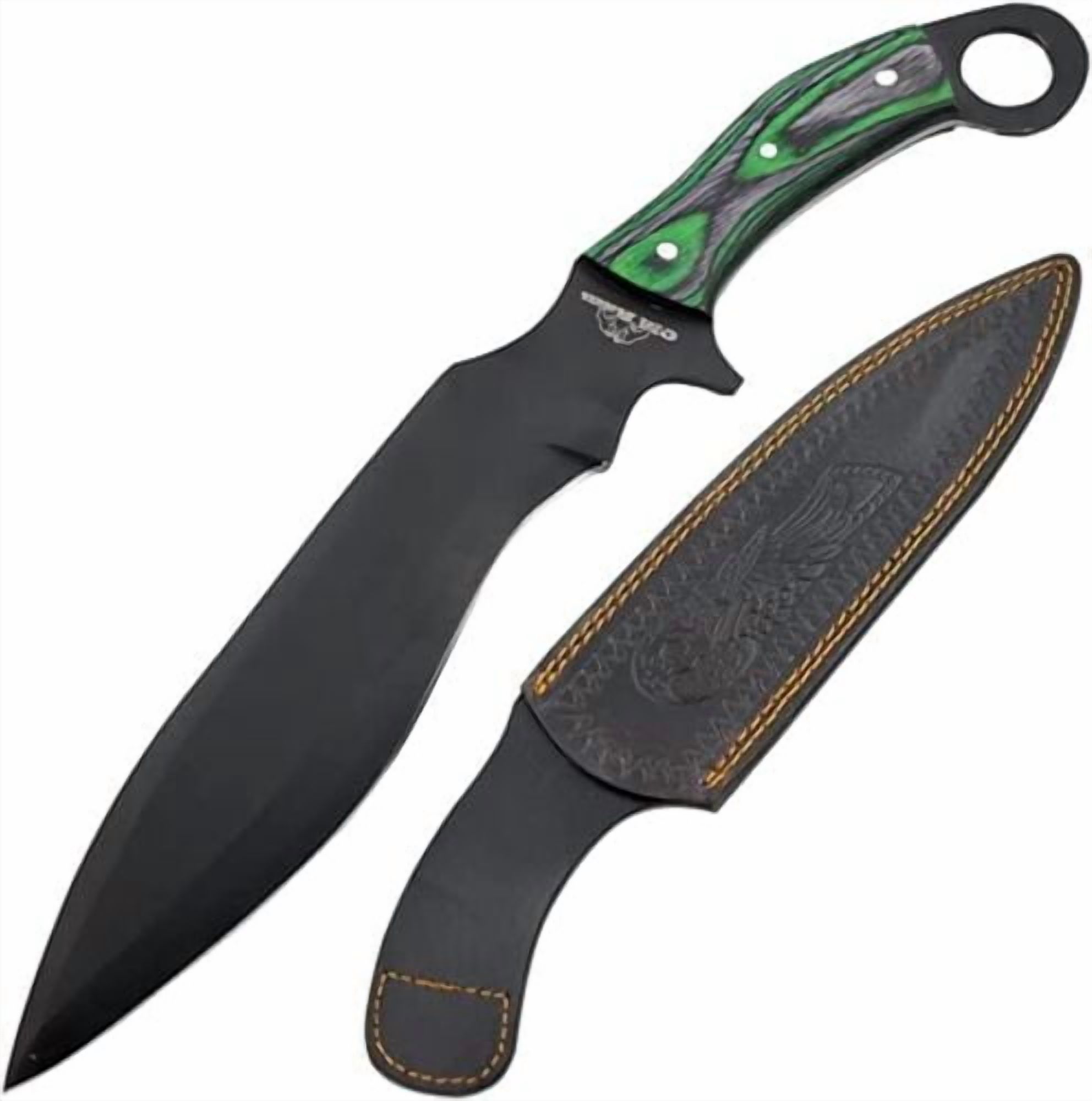 15" Two Tone Frost Wood Kukri Black Hunting Knife with Leather Sheath