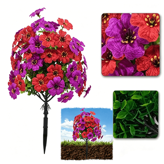 15" UV Resistant Artificial Rose Bushes with Stakes, Outdoor Faux Flowers for Garden, Yard, Front Porch Decor, Housewarming Gift(RL Red + Purple 1 PC)