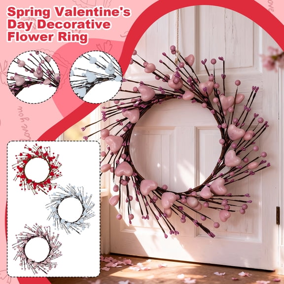 15" Valentine's Day Wreath Handmade Foam Heart Shaped Wreath Pink Artificial Rustic Twig Wreath Artificial Door Wreath for Wedding Party Home Office Decor