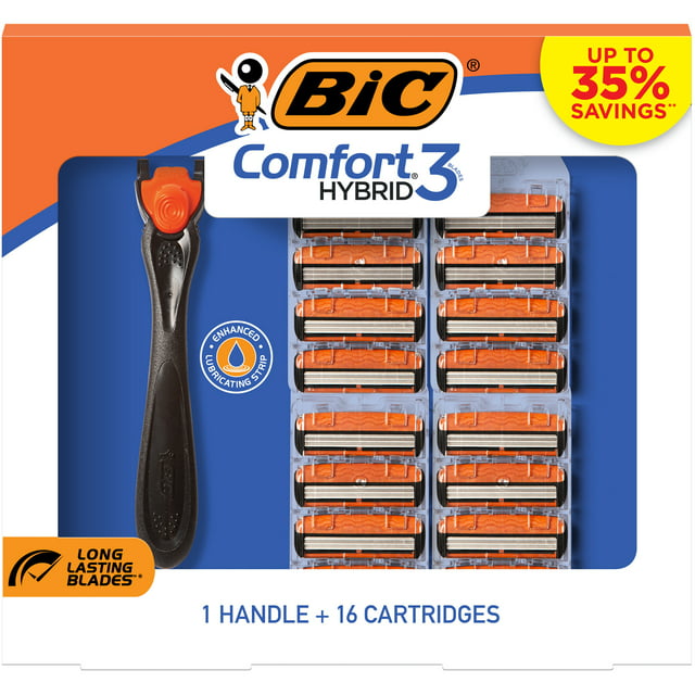 ($15 Value) BIC Holiday Gift Set, Comfort 3 Hybrid Disposable Razors for Men, 3 Blade, 1 Handle and 16 Cartridges