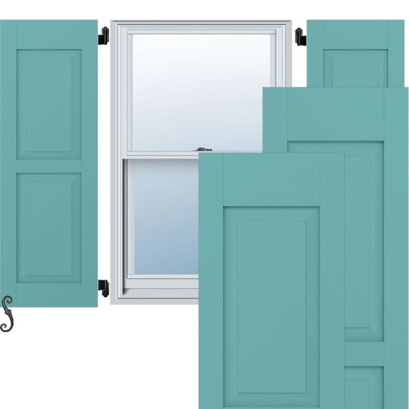 15"W x 47"H Americraft Two Equal Raised Panel Exterior Real Wood Shutters (Per Pair), Pure Turquoise