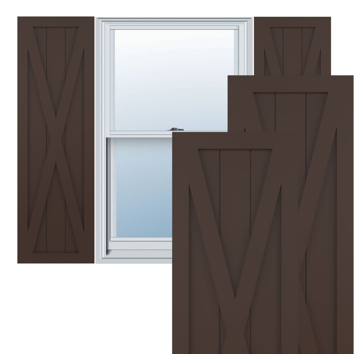 15"W x 62"H True Fit PVC Single X-Board Farmhouse Fixed Mount Shutters, Raisin Brown (Per Pair - Hardware Not Included)