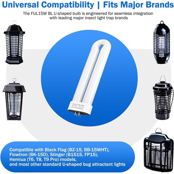 15-Watt 4-Pin Base Replacement Bulb 3 Pcs - Compatible with Black Flag BZ-15/BB-15WHT, Flowtron BK-15D, Stinger B1515/FP15, Hemiua T6/T8/T9 Pro and Most U-Shaped Insect Light Traps