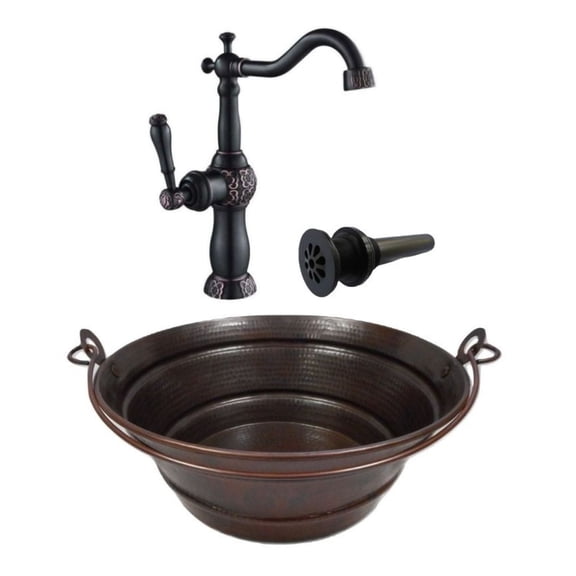 15" Weathered Round Copper BUCKET Vessel Bathroom Sink, Faucet & Drain included