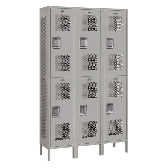 15" Wide Double Tier Vented Metal Locker - 3 Wide - 6 Feet High - 15 Inches Deep - Gray - Unassembled