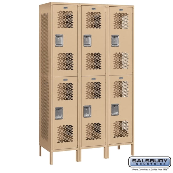15" Wide Double Tier Vented Metal Locker - 3 Wide - 6 Feet High - 18 Inches Deep - Tan - Assembled