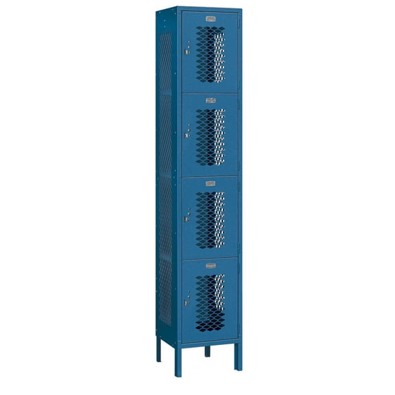 15" Wide Four Tier Vented Metal Locker - 1 Wide - 6 Feet High - 15 Inches Deep - Blue - Assembled
