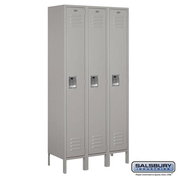 Salsbury Standard Metal Locker Single Tier - 3 Wide - 6 Feet High - 15 Inches Deep - Gray - Assembled