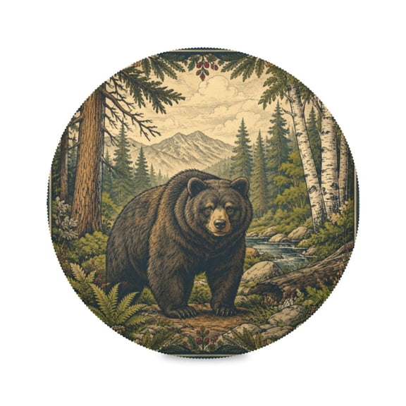 15" Wild Bear Printed Round Placemats Set of 1 Heat Resistant Table Mat for Kitchen for Party Deco