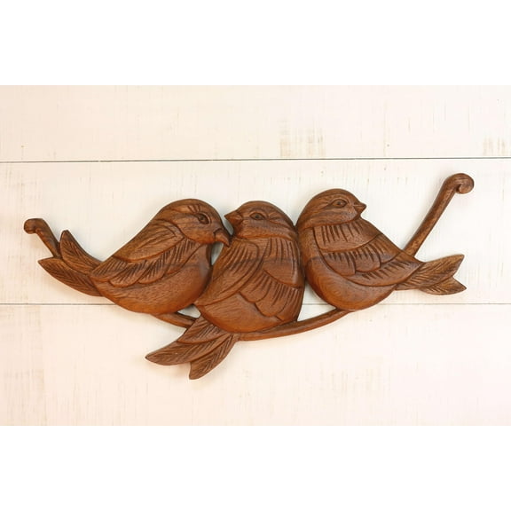 15" Wood Three Birds Wall Panel  Hand Carved Decorative Wall Art, Rustic Nature Home Decor