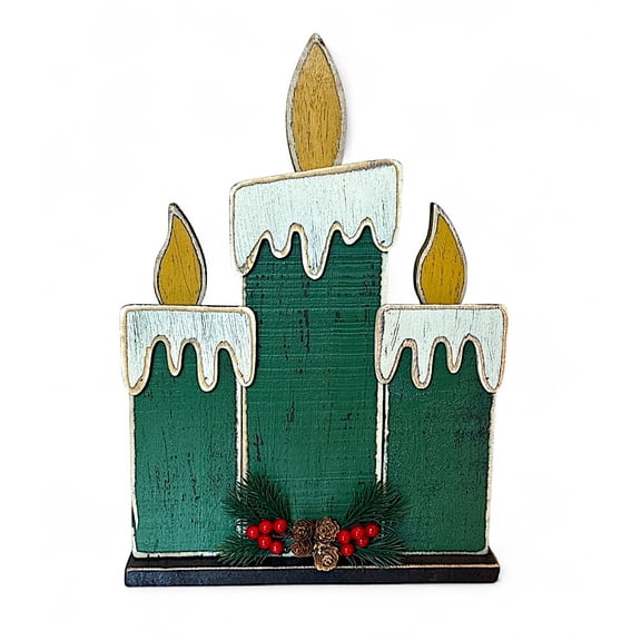 15 Wooden Candle Tabletop Christmas Decoration Green & White Rustic Farmhouse Holiday Centerpiece