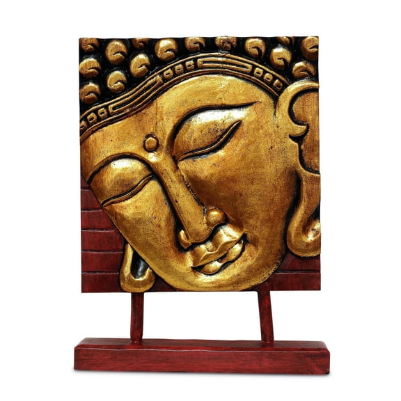 15" Wooden Serene Buddha Head Plaque Gold Statue Handmade Meditating Sculpture Figurine Decorative Home Decor Accent Handcrafted Art Oriental