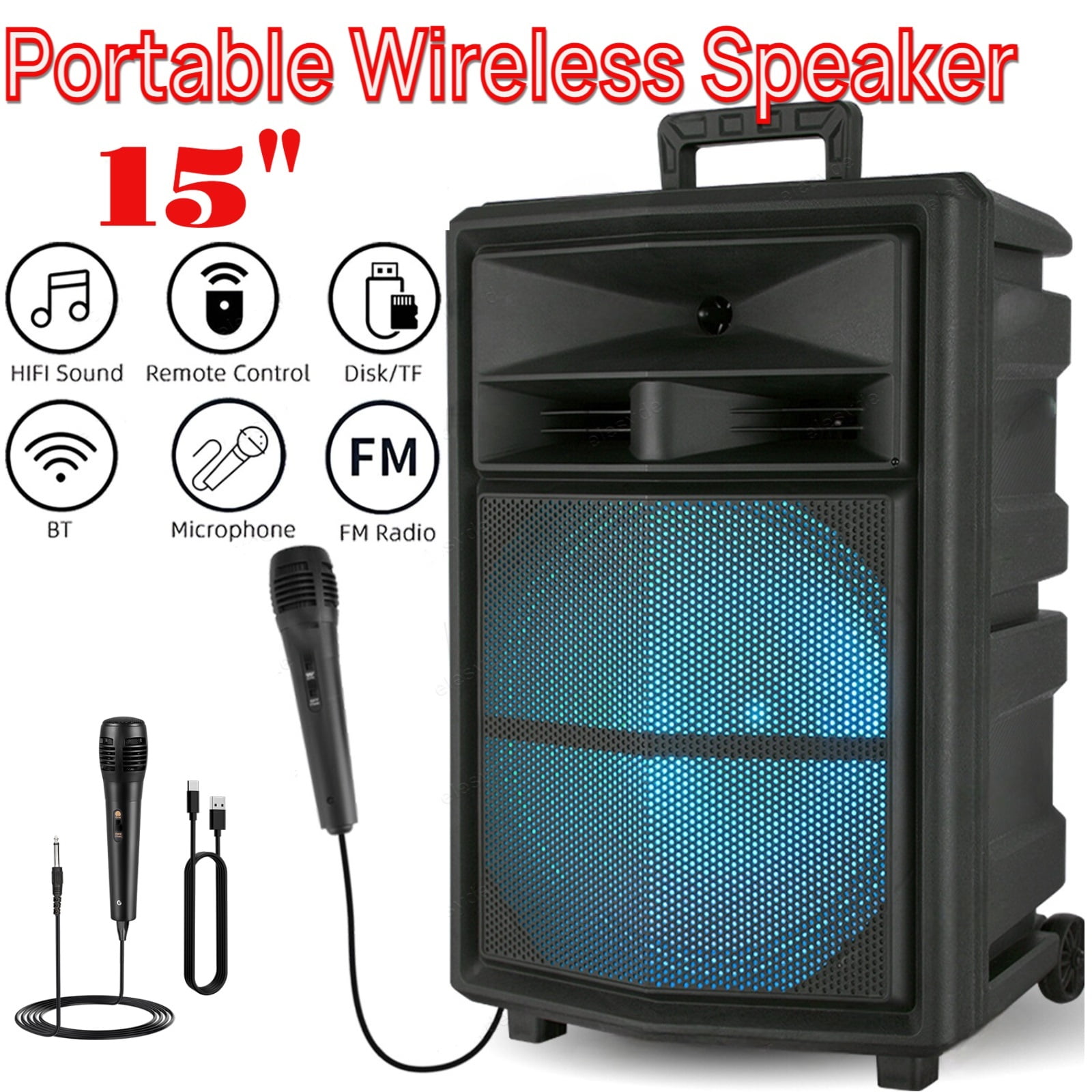 15" Woofer Portable Wireless Party Speaker with Microphone PA Sound System, RC/LED/AUX/FM/TWS