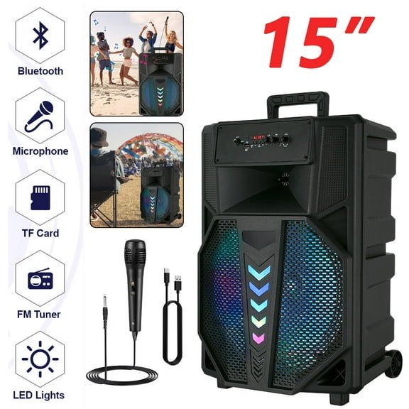 15" Woofer Portable Wireless Party Speaker with Microphone, RC, LED, Black,USB/TF/BT/AUX/FM/TWS