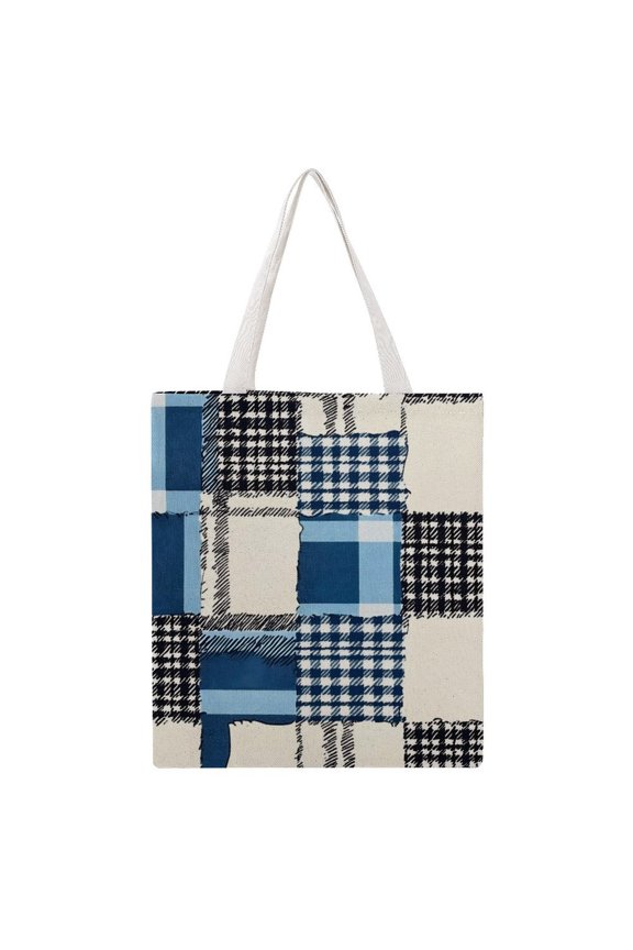 15 X 16.1in Large Martin Canvas Tote Bag Can Be Reused Multi-Purpose Large Capacity Design With Two Straps MediumBlue Houndstooth Buffalo Plaid Tartan Check Scotland Hand-drawn Sketch_2