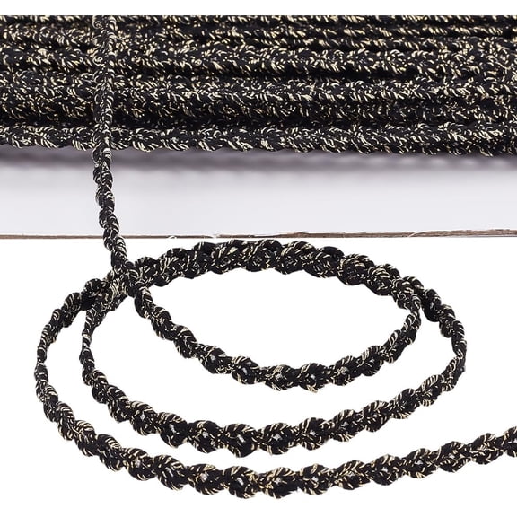 15 Yards 1/4 Inch Black Gimp Braid Ribbon Trim Gold Metallic Polyester Woven Upholstery Fringe Fabric Lace Trimming Bulk