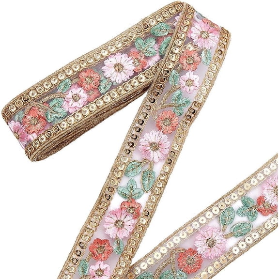 15 Yards 1.69 Inch Embroidered Jacquard Trim Tape Organza Floral Embroidery Ribbon Polyester Boho Flower Woven Fabric Applique Ribbons