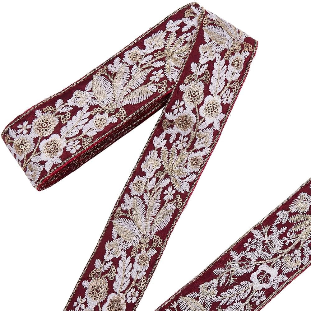 15 Yards 1.85 Inch red Flower Jacquard Ribbons Floral Embroidered Trim Tape Gold Sequin Embroidery Woven Applique Fabric Trimming DIY