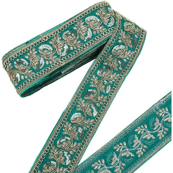 15 Yards 2.17 Inch Green Embroidered Ribbon Boho Flower Woven Jacquard Fabric Ribbons Sequin Bead Embroidery Floral Applique Trim Tape Crafts Clothes Dresses Home Decor Diy Medium Sea Green 15yards