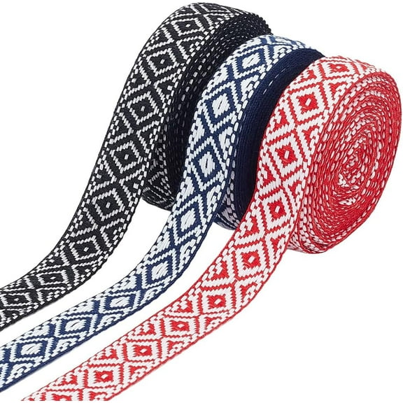 15 Yards 3 Colors Boho Jacquard Ribbon Trim 7/8 Inch Rhombus Woven Trims Vintage Embroidered Ribbon Ethnic Jacquard Braid Ribbon for Sewing Embellishment DIY Strap Belt Clothing Decoration