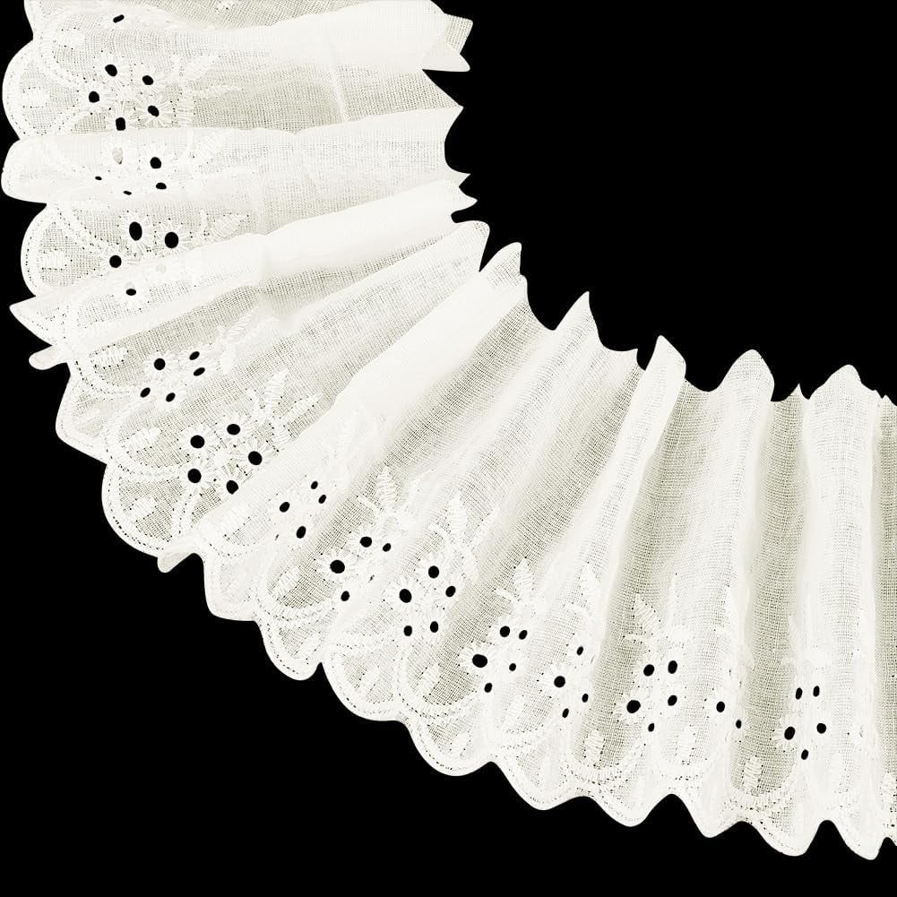 15 Yards Cotton Lace Ribbon 3.7 inch Wide Ivory White Cotton Eyelet Lace Trim Floral Embroidery Ruffle Lace Trim Bowknot Scalloped Ribbon for Sewing Dresses Baby Clothes Bag Pets Clothes DIY
