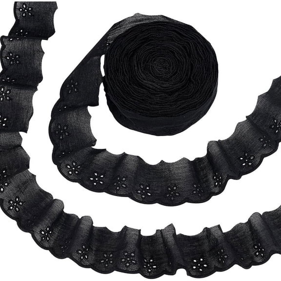 15 Yards Cotton Lace Trim 1-5/8 inch Black Cotton Eyelet Lace Ribbon Floral Embroidery Ruffle Lace Trim Wavy Edge Floral Cotton Lace Ribbon for Sewing Dresses Clothes Bag Pets Clothes for DIY