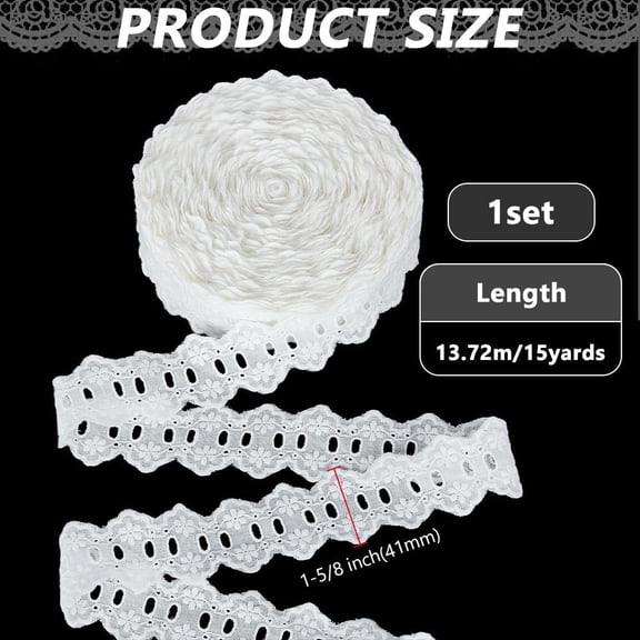 15 Yards Eyelet Lace Trim 1-5/8 inch Wide Cotton Flower Lace Ribbon White Embroidery Eyelet Pattern Wavy Edge Floral Trim Ribbon for Sewing Dresses Clothes Bag Pets Clothes Decoration