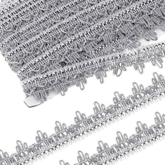 15 Yards Metallic Lace Trim Silver Embroidered Edge Ribbon Applique Gimp Woven Fringe Tassel Edging Trimmings for Sewing Christmas Home Wedding Decoration DIY Crafts 15yards