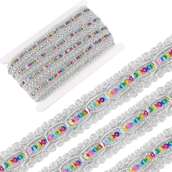 15 Yards Sequin Metallic Braid Trim Sequins Lace Decorative Webbing Ribbon Wave Edge Ribbon Silver Polyester with Colorful Paillette for Sewing Crafts Clothing Curtains Accessories