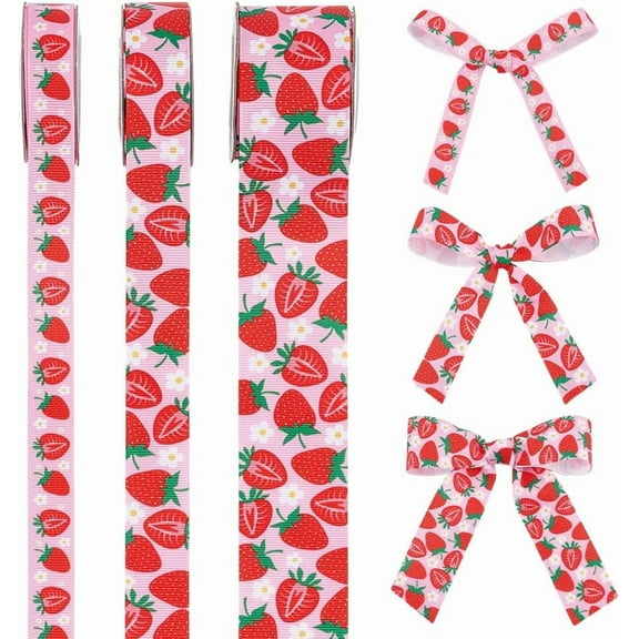 15 Yards Strawberry Grosgrain Ribbon 3 Styles Polyester Jacquard Ribbon Fruit Printed Embellishments Trims for Gift Wrapping Hair Bows Summer Party Scrapbooking Holiday Decor