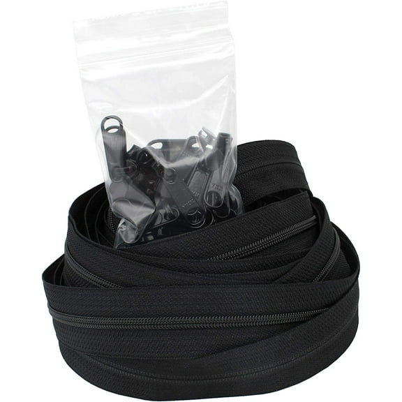 15 Yards~ YKK Zipper Chain~ 4.5 Coil Chain~Made in The USA~ Black Plus 30 YKK Long Pull Sliders- For Handbags & Craft Projects