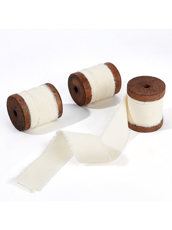 15 Yards x 1-1/2 Inch Cotton Frayed Fringe Ribbon Cotton Linen Ribbon Raw Edge Wedding Ribbon with Wood Spool