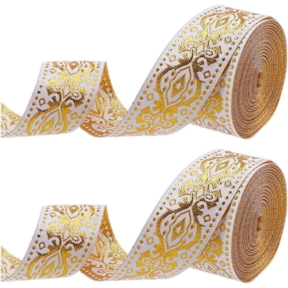 15 Yards x 1.3 Inch Jacquard Ribbon Metallic Gold Ethnic Embroidered Woven Satin Roll Double Side Boho Fabric Floral Sewing Webbing Wrapping Strap Trim for DIY Crafts Home Curtain Decor