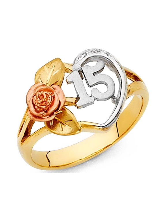 15 Years Heart Ring Solid 14k Yellow White Rose Gold Quinceanera Band CZ Rose Love Stylish Fancy, Size 6.5