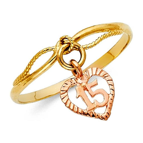 15 Years Ring Hanging Heart Charm Solid 14k Yellow White Rose Gold Fancy Band Tri Color 13MM Size 7