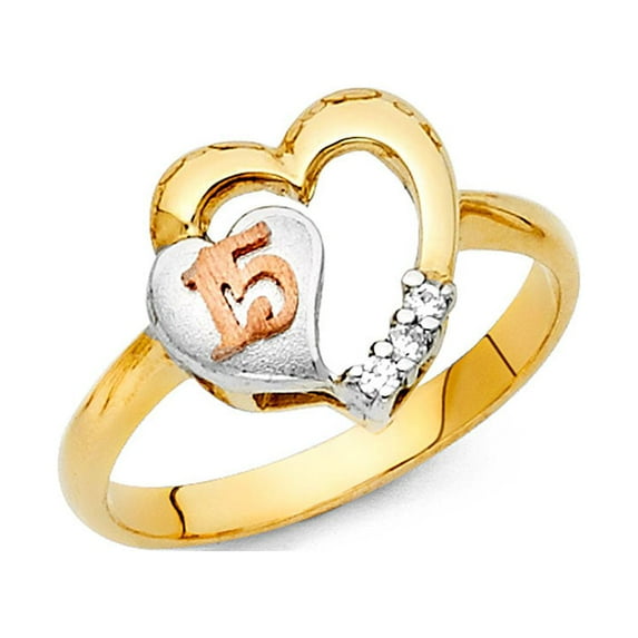 15 Years Ring Heart Solid 14k Yellow White Rose Gold CZ Quinceanera Band Satin Polished Fancy, Size 9