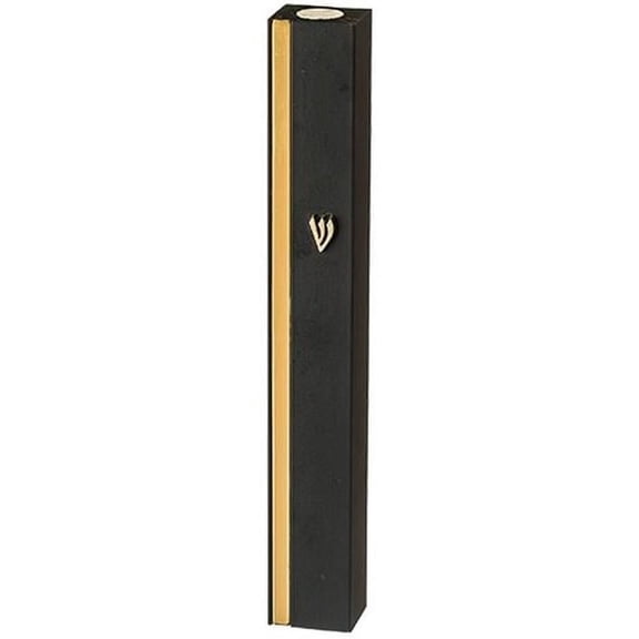 15 cm Aluminum Mezuzah, Black Metal with Gold Stripe