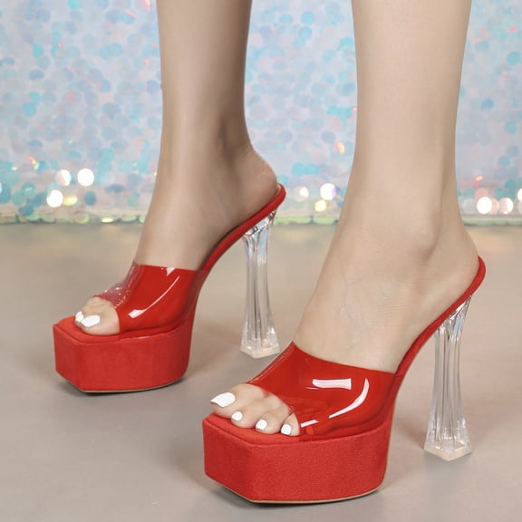15 cm Red Crystal Chunky Heel Sandals, Square Toe Clear One-Strap Heels, for Party