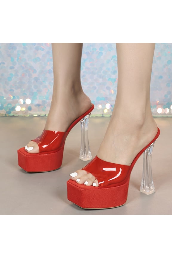 15 cm Red Crystal Chunky Heel Sandals, Square Toe Clear One-Strap Heels, for Party