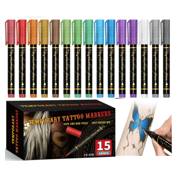 15 Colors Temporary Tattoo Markers for Skin, Non-Toxic Body Art Pens, Washable Tattoo Pens for Party & Halloween
