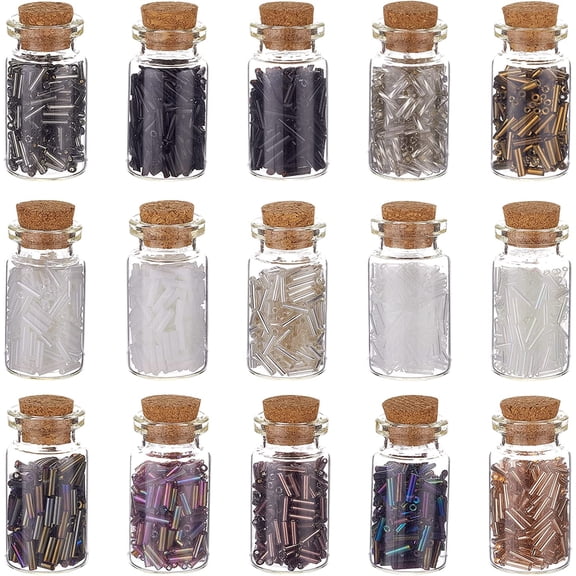 15 colors Mini Glass Wishing Bottles 6x1.8mm Glass Bugle Bead Silver Lined Tube Seed Bead Loose Bead Bottles for Pendants Necklace Jewellery Making Home Decoration 15 Bottles/set