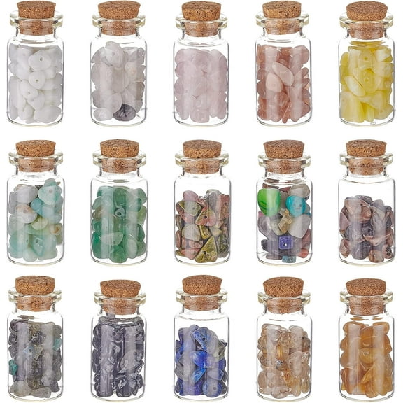15 colors Mini Glass Wishing Bottles Drilled Tumbled Gemstone Crystal Chips Reiki Stones set for Pendants Necklace Jewellery Making Candles Making Home Decoration 15 Bottles/set