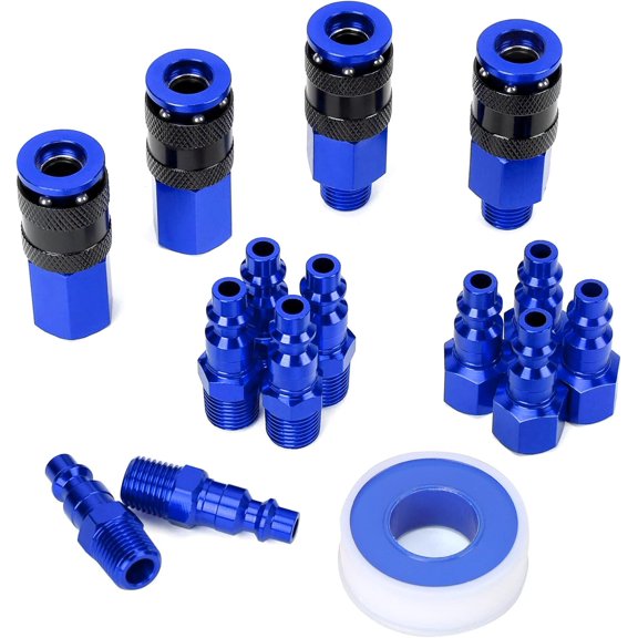 15 count 1/4" NPT Air Coupler and Plug Kit, Quick Connect Air Fittings, Industrial Quick Connector Set (Blue)