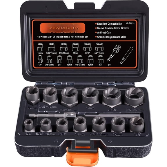 15 count Bolt Extractor Set, 3/8" Drive Bolt & Nut Remover Socket Tool Kit, Stripped For Damaged, Frozen, Studs, Rusted, Rounded-Off , Nuts & Screws, Cr-Mo Steel, T38215