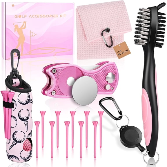15 count Golf Accessories Kit, Includes Cleaner Brush Towel Tees Golf Ball Bag with Hook Divot Tool with Ball Marker, Golf Essentials Kit for Women Man Gifts