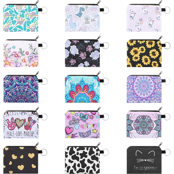 15 count Mini Makeup Bag for Purse, Small Purse Bulk Boho Change Purse Mini Wallet Bag with Zipper Key Holder, Travel Lipstick Organizer for Women Girls, Assorted Colors