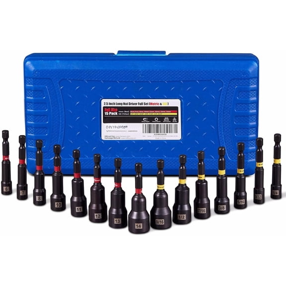 15 count Nut Drivers Set , SAE & Metric Nut Drivers Set, Impact Nut Drivers for Impact Drills, 1/4" Hex Shank Standard Nut Driver with Storage Box, Durable for Professional, DIY Project