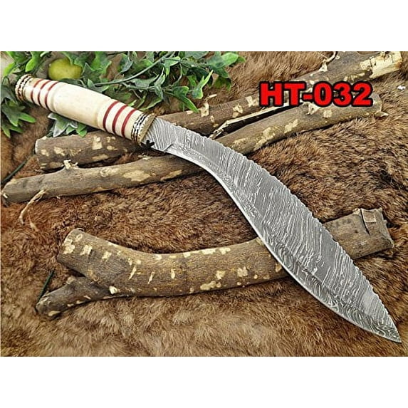 15" custom made Hand Forged Damascus Steel Kukri Knife With 10" blade, camel bone with engraved brass finger guard scale, Leather Sheath